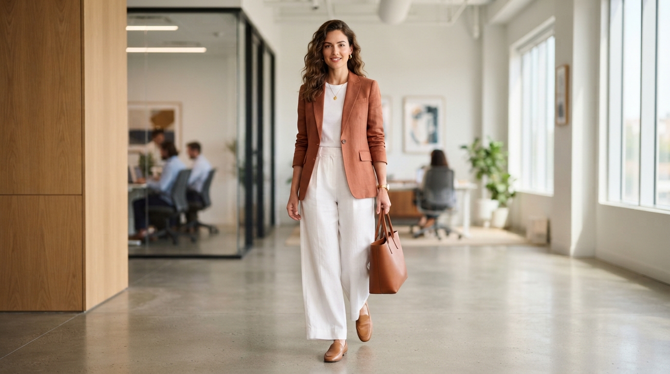 Terracotta Linen Blazer & High-Waisted White Wide-Leg Trousers
